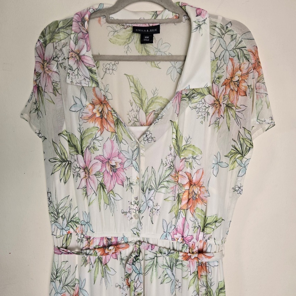 Stella & Julie Womens 16W Tropical Floral Mesh Maxi Dress Sheer Overlay White